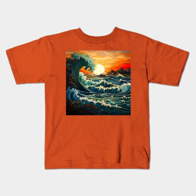 Waves ocean sunset 4 Kids T-Shirt by Wolf Cove Creations